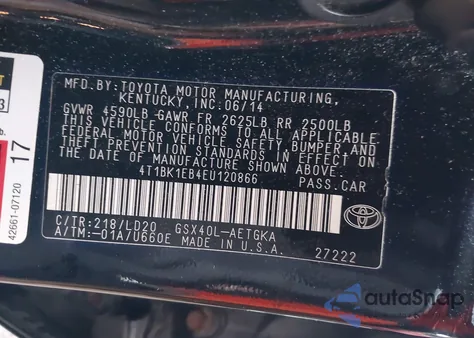 2014 Toyota Avalon Xle from USA, damaged, VIN 4T1BK1EB4EU120866